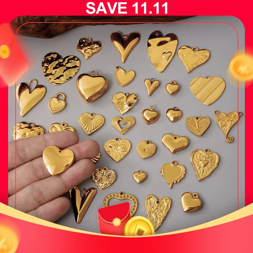 7pcs Stainless Steel Fashion Peach Heart Irregular Pendant Gold/Silver Color Gloss Texture 3D Design Charms Diy Jewelry Making