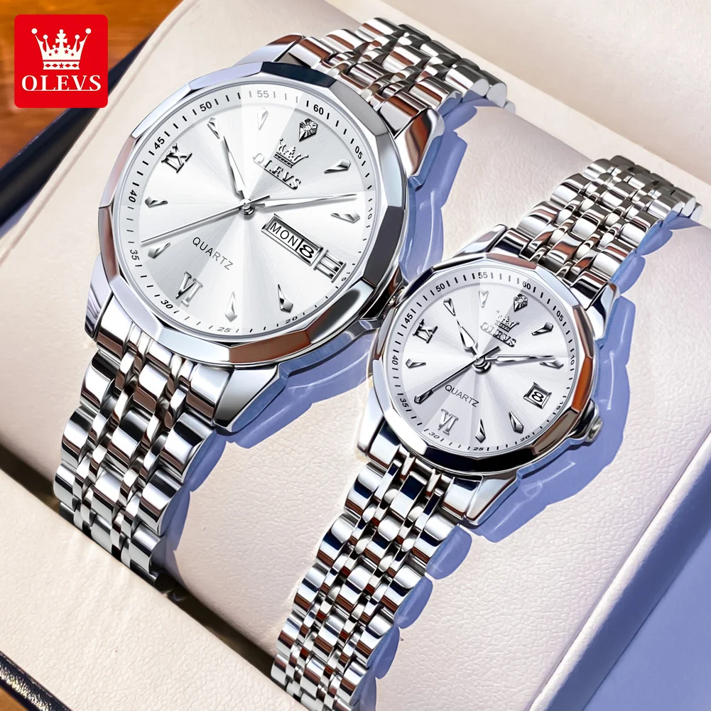 OLEVS 9998 ساعات الزوجين الفاخرة الأصلية الموضة الكلاسيكية العلامة التجارية مقاوم للماء مضيئة كوارتز ساعة اليد نافذة التقويم الساعات #6