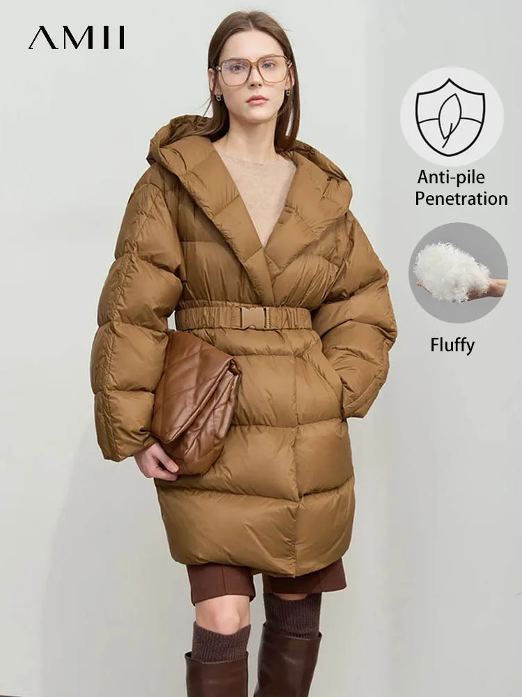 AMII Minimalist Hooded Down Jacket for Women 2024 Winter New Warm Duck Down with Belt Magnetic Buckle Loose Down Coat 12424001