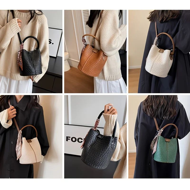 حقيبة دلو منسوجة للنساء. بني عميق/بيج/أخضر/أسود. حزام قابل للفصل، متين وسهل التنظيف. للسفر والمناسبات الرسمية. متسوق الآن!