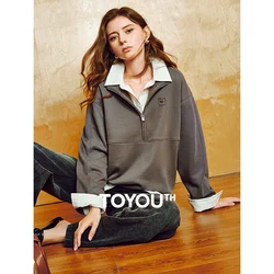 TOYOUTH Women Hoodies Sweatshirt 2024 Autumn and Winter New Zipper POLO Collar Warm Casual Pullover Tops