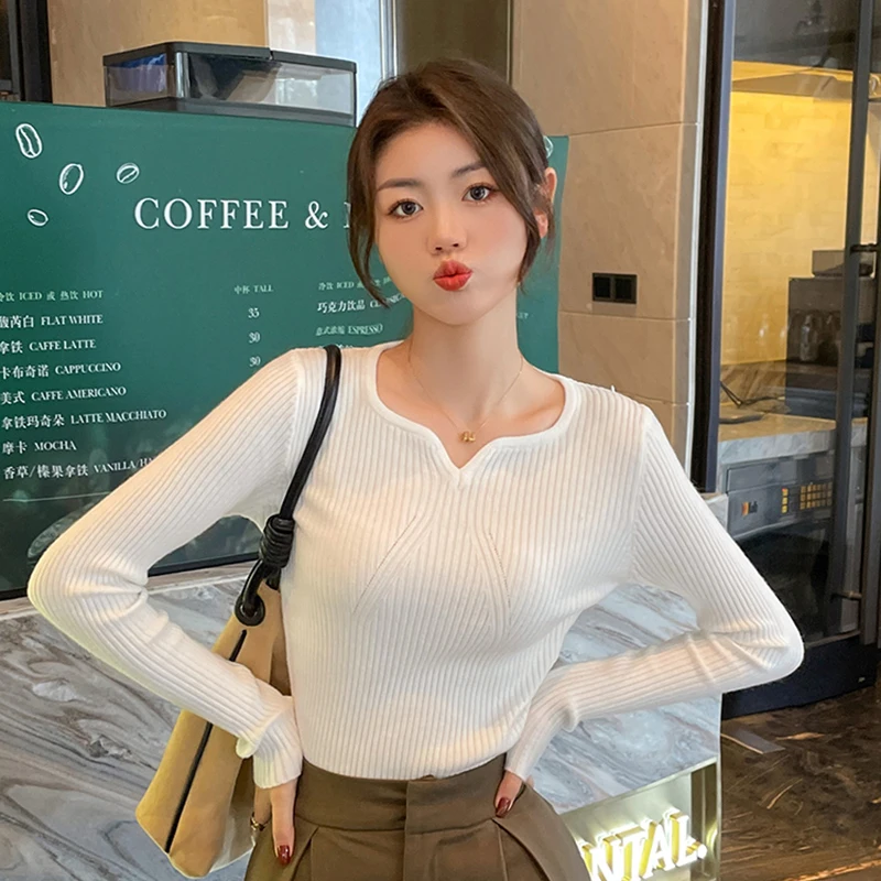 Autumn Sweet Women Pullovers Korean Knitted Slim Warm Female Casual Sweaters Autumn New Chic V Neck Office Ladies Jumpers