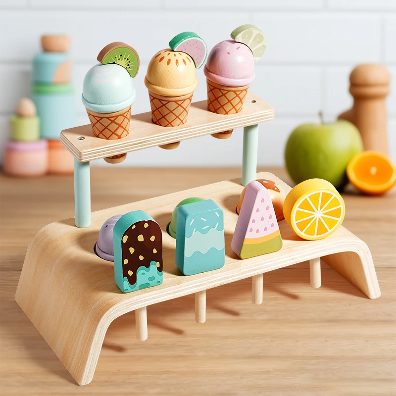木製アイスクリームカウンタープレイセット 幼児のおもちゃ、モンテッソーリごっこ遊び食品おもちゃキッチンアクセサリー用