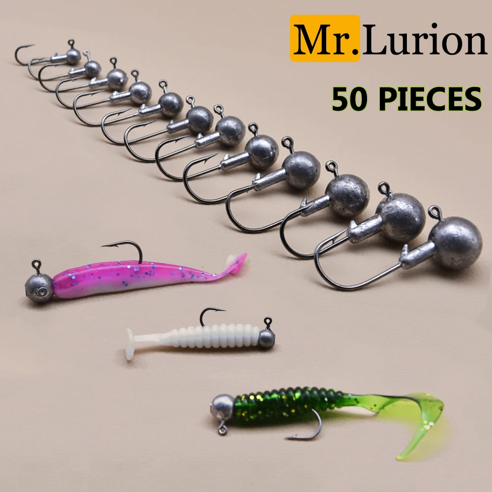 MrLurion 50pcs 1g-28g jig head fishing hooks for soft worm lure baits , weedless round head fish hooks for crank bass and perch