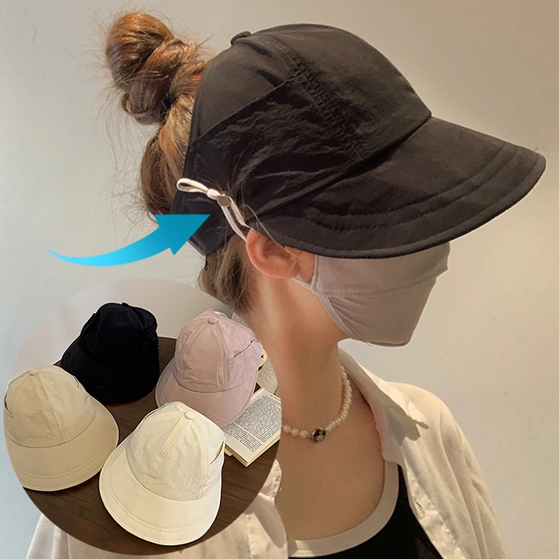 

Foldable Wide Brim Ponytail Sun Hat Drawstring Adjustable Cap For Women Beach Hat Summer Quick-dry Visor Fisherman Cap