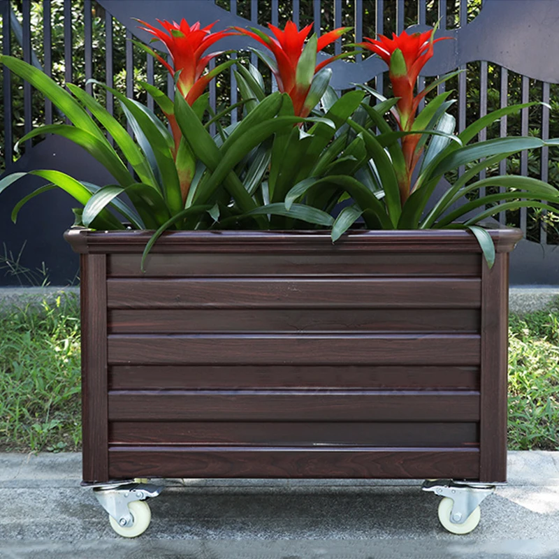

Aluminum Alloy Flower Box Square Flower Pot Rack Outdoor Balcony Imitation Wood Grain Flower Trough Universal Wheel With Brake