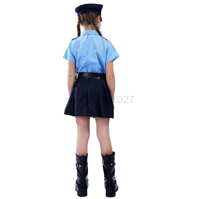 Uniforme de policía de 5 piezas para niños, vestido de carnaval para niñas, disfraz de fiesta de escenario, sombrero, cinturón, esposas, conjunto de trajes