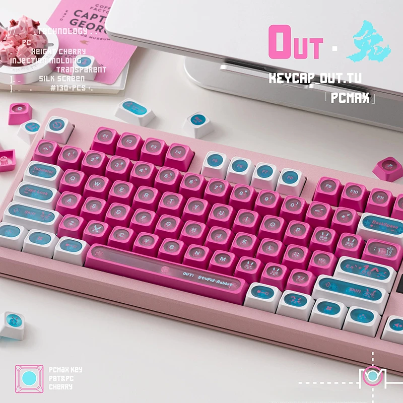 Rosa Kaninchen transparente Tastenkappen Set PBT Sublimation Kirschprofil Tastenkappen für mechanische Tastatur benutzerdefinierte süße Tastaturkappen