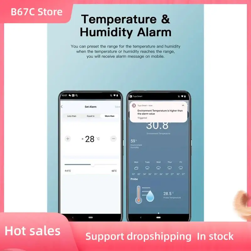 

B67C для умного дома, гигрометр Tuya, Wi-Fi, датчик температуры и влажности с внешним зондом, приложение для мониторинга растений, аквариума