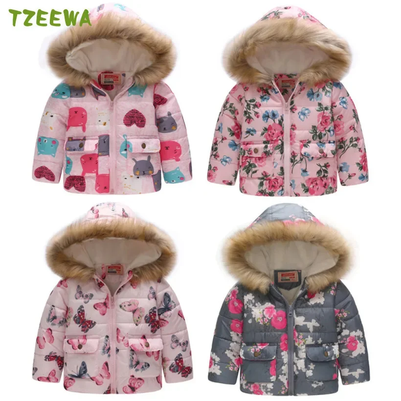 Girls 2025 Hooded Coat New winter Tops Warm Kids Jacket Outerwear Children Clothing flowers Girl Coats manteau fille