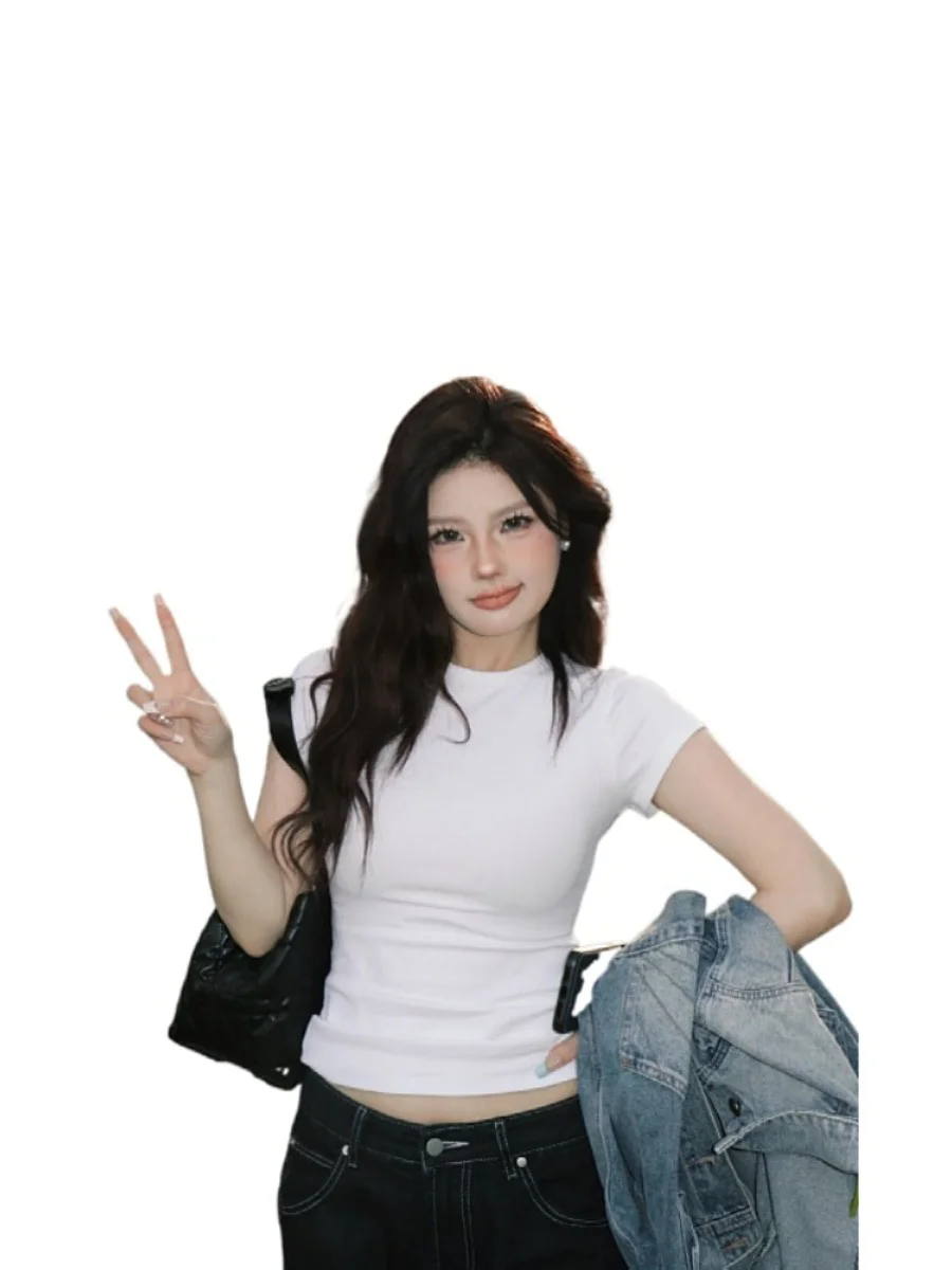 Eng anliegendes T-Shirt mit Rundhalsausschnitt für den Sommer, Hot Girl Unterwäsche, Oberteil in Übergröße, süßes, schmales, figurbetontes, weißes T-Shirt