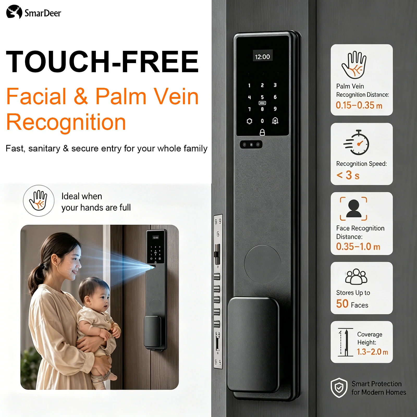 SmarDeerキーレススマートロックIP66防水3D顔認証 - Video Door Lock With Camera Peephole のレビューと価格