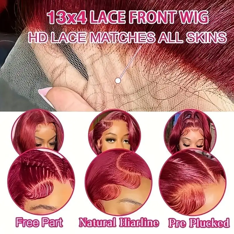 36 Zoll 99J Burgunderrote Echthaarperücken 13 x 6 HD-Spitzenfrontperücken Echthaar 220 Dichte brasilianische Perücken für Frauen