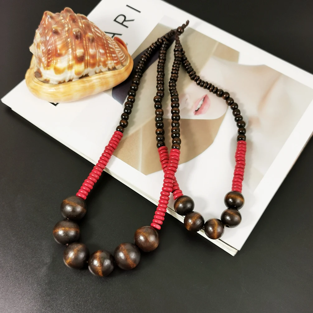 Bohemian Two-Layer Beaded Necklaces Brown mix Red Big Wood Beads Collar Choker Necklace For Women New Statement Jewelry UKEN