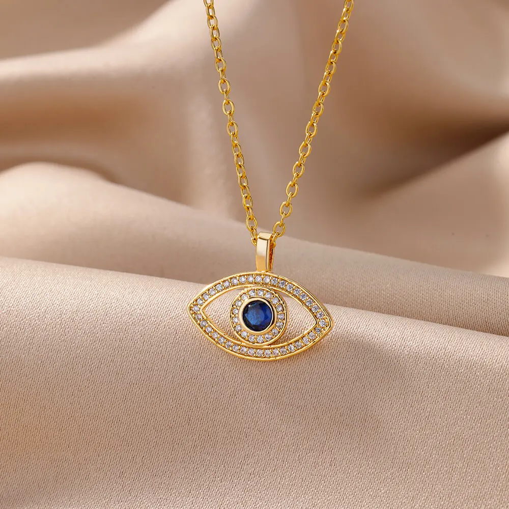 Zircon Evil Eye Pendant Necklace for Women Lucky Turkish Stainless Steel Necklaces 2024 Trend Charm Aesthetic Jewerly collar