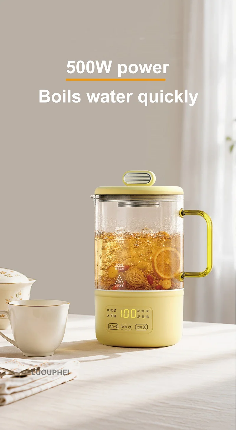 0.6L Electric Kettle Multifunction Appointment Teapot Temperature Control Health Pot Office Glass Flower Teapot Auto Keep Warm