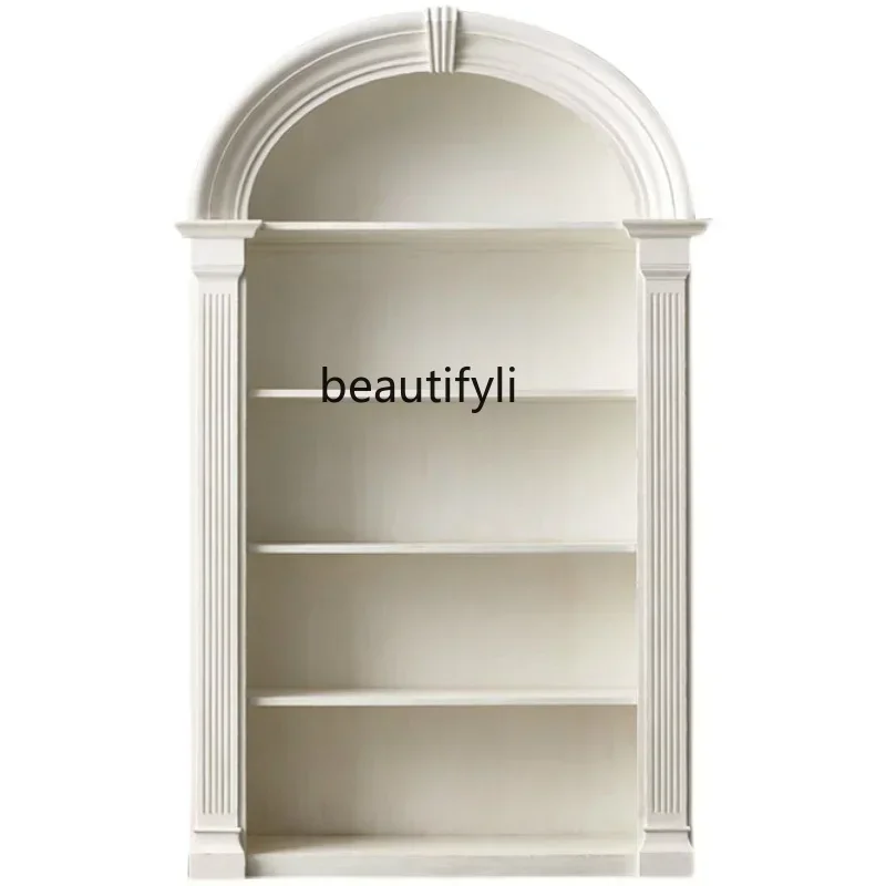 خزانة كتب من الخشب الصلب على الطراز الأمريكي، رف كتب منحني، خزانة كتب بسيطة، أثاث مستنسخ فرنسي عاجي أبيض عاجي