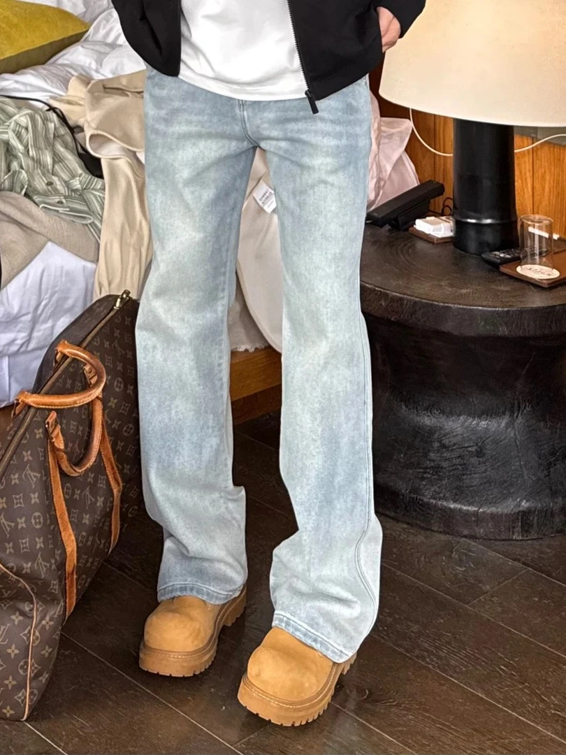 

Light Blue Washed Men's Jeans High Street Vibe Bootcut Cleanfit Straight Leg Micro Flare Denim Pants Youth Trendy Straight Tube