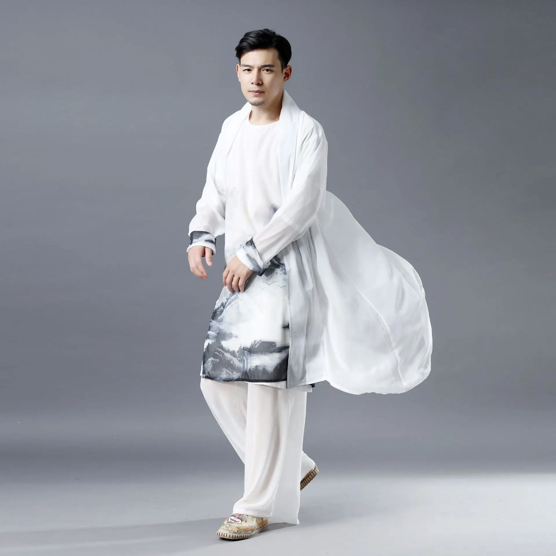 

New Men's Landscape Collar Chiffon Shirt Ethnic Style Casual Top Chiffon Printed Loose Style Shawl