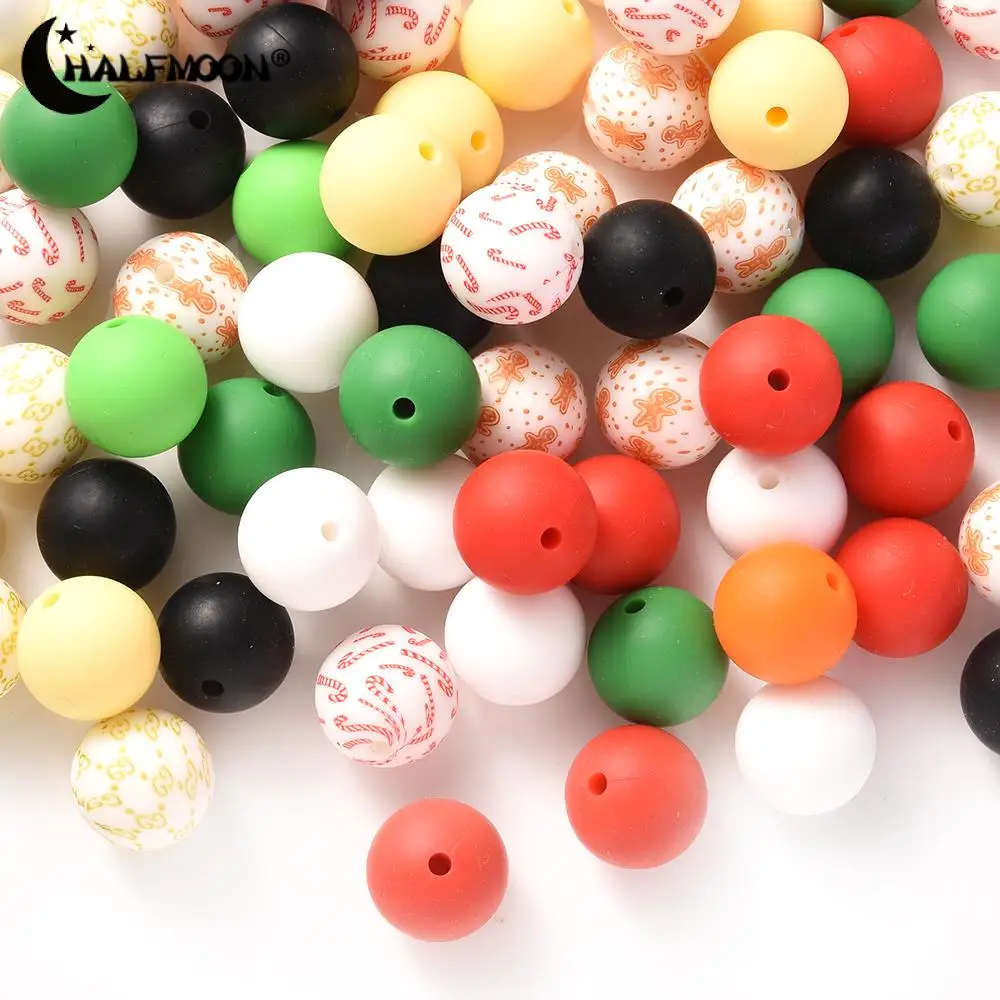 73Pcs New Silicone Beads Round 15mm Christmas Print Loose Beads Set For DIY Keychain Bracelet  Beaded Pen Handmade Accessories