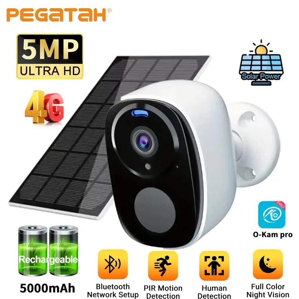 

5MP 2K HD Wireless Solar Camera 4G Outdoor 5000mAh Battery Security Camera IP66 Waterproof AI Human Detection O-Kam pro APP