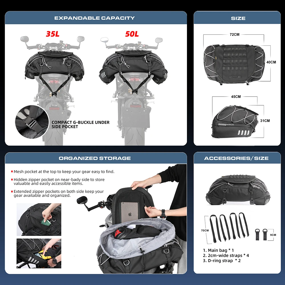 Motorcycle Bag Waterproof 35L-50L Motor Tail Back Seat Bag Expandable Large Capacity Cargo Bag Outdoor Travel Luggage