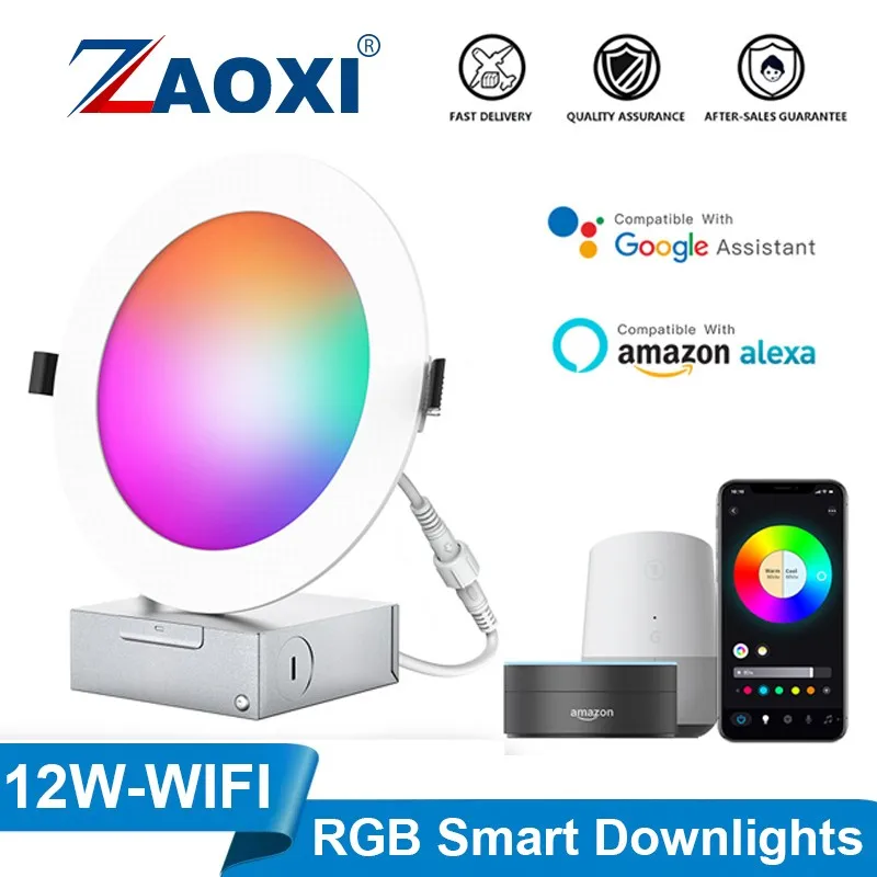 ZAOXI 12W WIFI Bluetooth Dual-Mode RGBCW Downlights Google Home Amazon Alexa Smart Voice Control Dimmable 100-240V LED Lamp