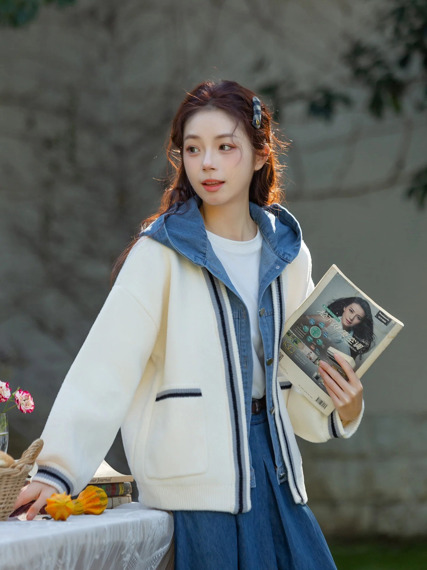 

Женский вязаный кардиган-худи из денима в стиле College Sle, имитация двухслойного платья, корейский вельвет, свободный крой, длинный рукав