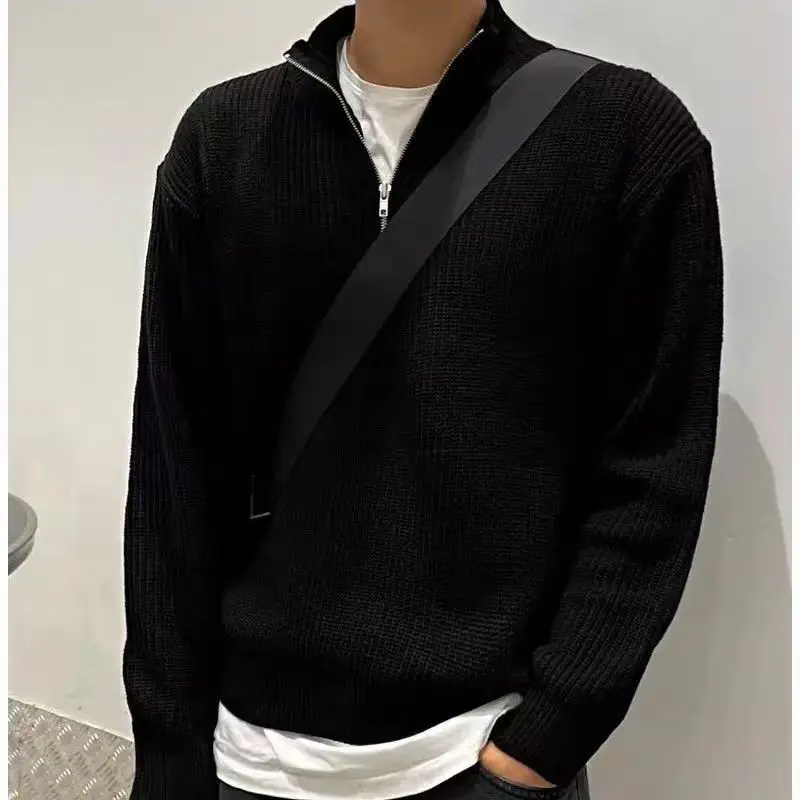 เสื้อแจ็คเก็ตถักนิตติ้งผู้ชายสไตล์เกาหลีสำหรับฤดูใบไม้ร่วงและฤดูหนาว แบบซิปครึ่งตัว ดีไซน์เรียบง่าย สีพื้น สำหรับใส่เป็นเสื้อนอก