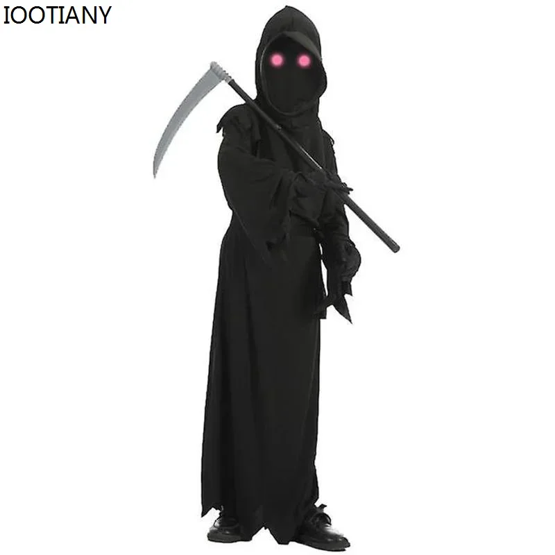 CosplayPer bambini Horror Fantasma dagli occhi rossi Morte Costume luminoso Vestito per bambini Halloween Cosplay Fantasma Scuro Morto Carnevale Parte