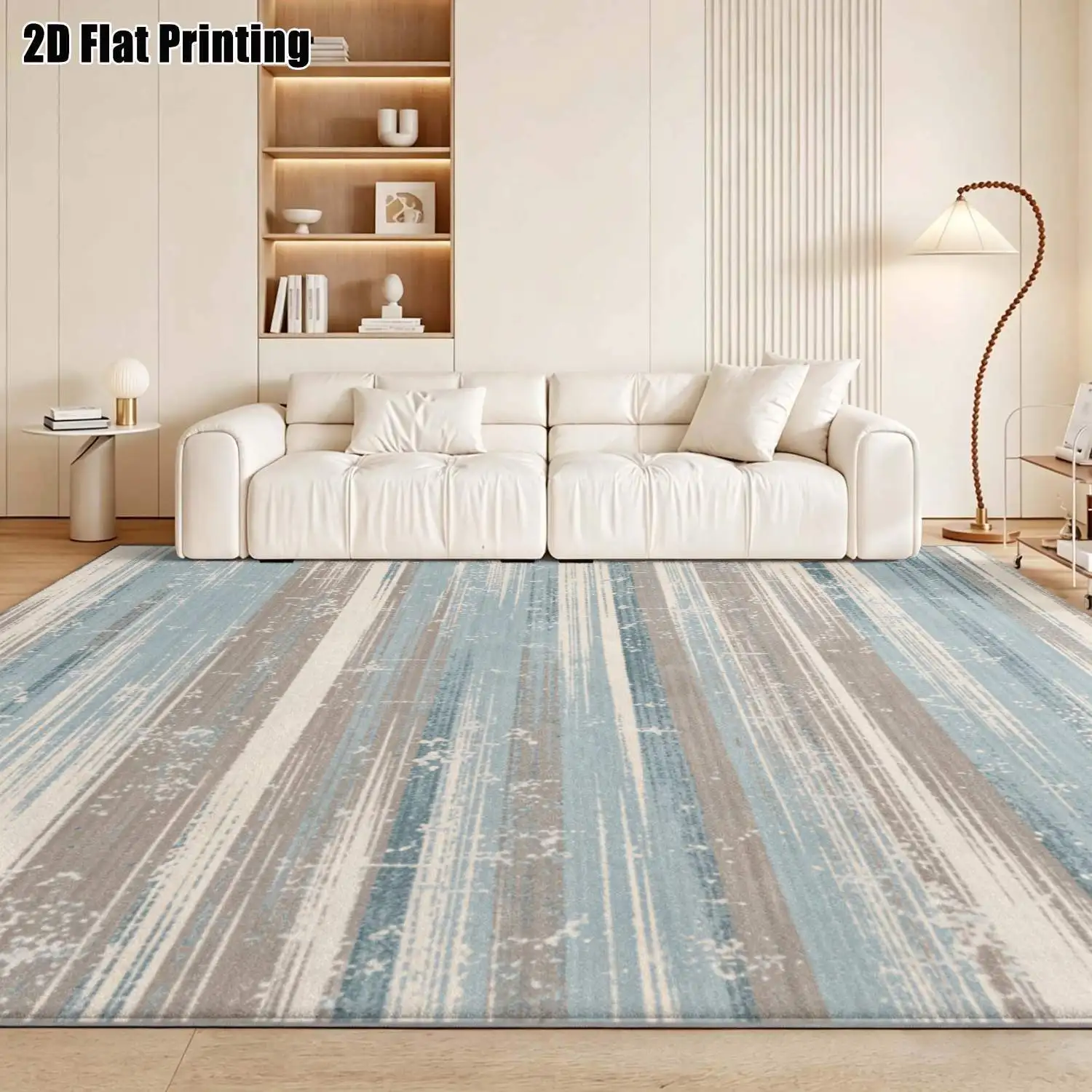 1Pc 2D Printed Blue-Grey Geometric Striped Nordic/Instagram Modern Minimalist Carpet, Multi-Size Machine Washable Floor Mat for Entrance, Dining, Foyer, Living Room, Bedroom Home Decor