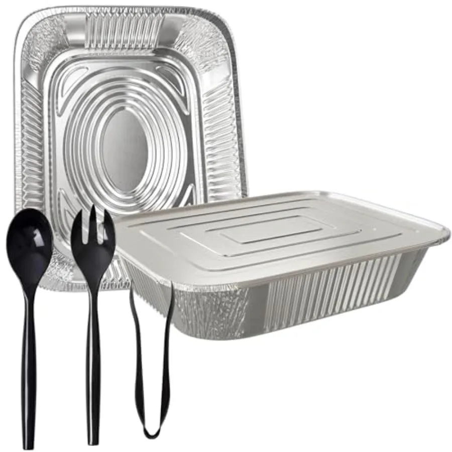 

Regular weight 9 x 13” Deep Half Size Disposable Aluminum Pan with Lids & 3Pcs Serving Utensils - Set of 50