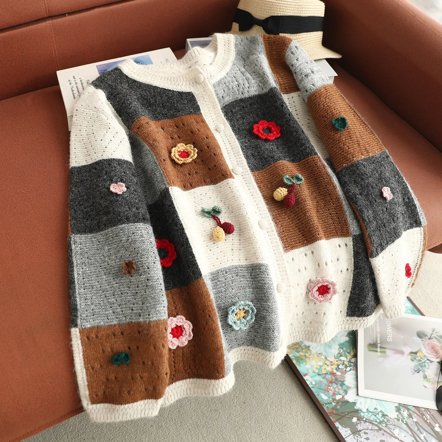 Japanese Mori Girl Flower Appliques Checkerboard Knitted Cardigan Women Spring Autumn O-Neck Long Sleeve Casual Sweater Coats