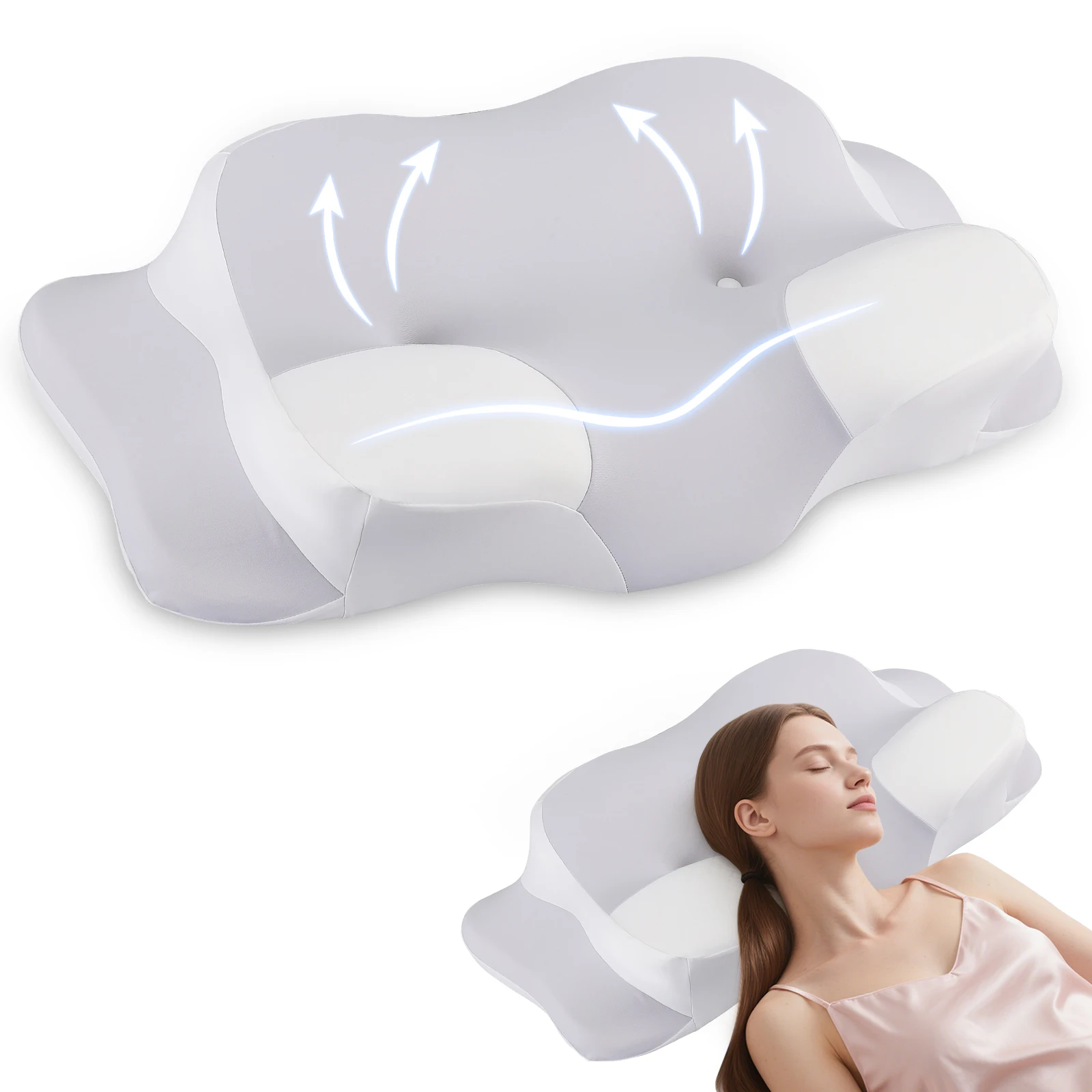 Almohada para dormir, almohada de espuma viscoelástica ajustable en altura, almohada ergonómica, transpirable, adecuada para dormir de lado y de espalda, gris