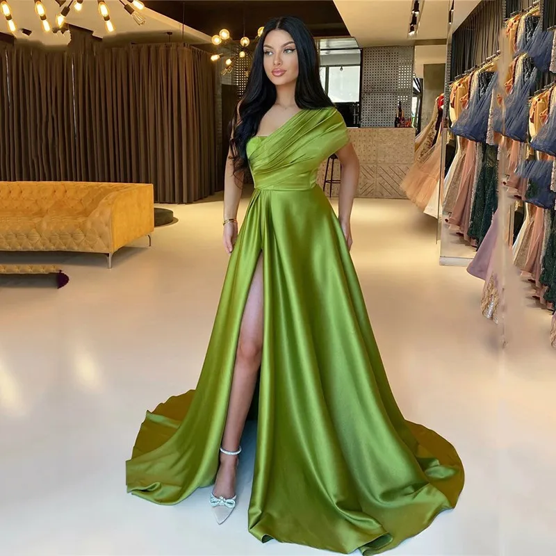 

Avocado Green A Line Evening Formal Dresses Side Slit One Shoulder Silk Satin Prom Party Gowns Vestidos Feast Robe De Soiree