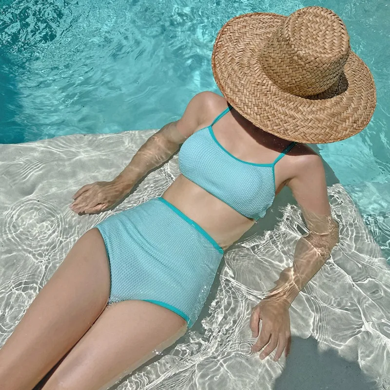 

Женское модное бикини в корейском стиле с разрезом и высокой талией, пуш-ап для небольших грудей, сексуальный утягивающий купальник с открытой спиной для горячих источников