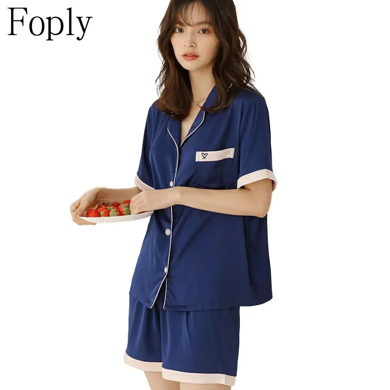 Heart Pocket Women Pajamas Set Spring Summer 2 Piece Pyjama Satin Silk Sleepwear Shortsleeve Top Shorts Pijama Pjs Loungewear