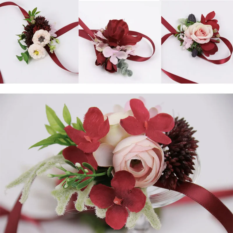 Borgonha artifical boutonnieres pulso corsage padrinhos botonier boda hombre broche acessórios de casamento