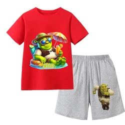 Boys Anime Cartoon Shrek Print Summer Fashion Clothing Suits Children's Short Sleeved Set Girls O-neck Casual T-shirt+short Set