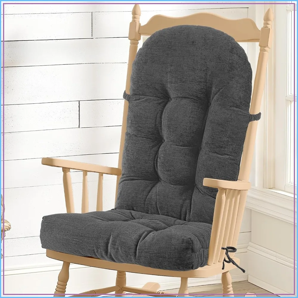 Chenille Rocking Chair Cushion with Ties, Non-Slip Tufted Seat Pad, Gray, 44x19x4 in