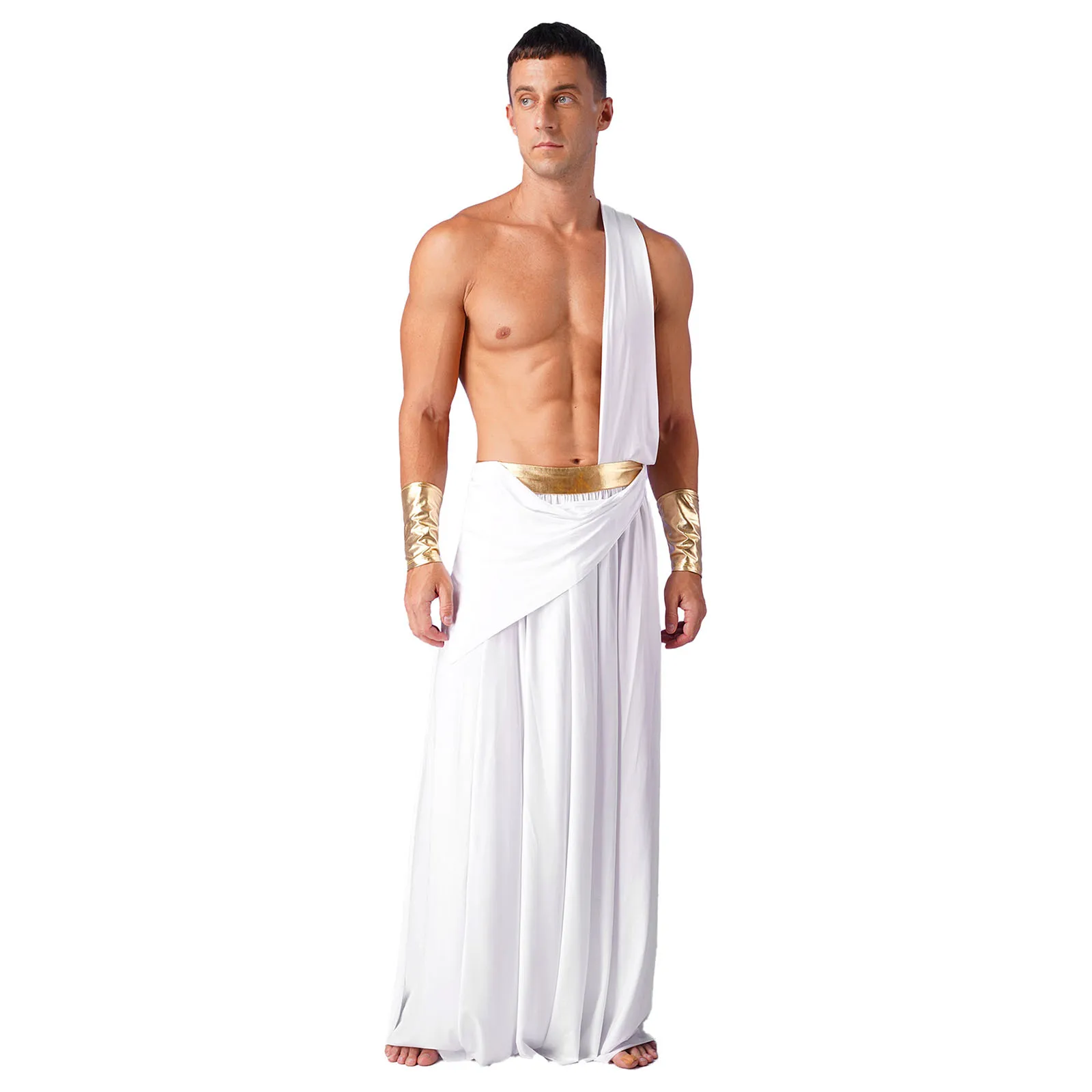 

Halloween Mens Ancient Greek Gladiator Cosplay Long Skirt with Wristbands One Shoulder Strap Roman Toga Greek Warrior Costumes