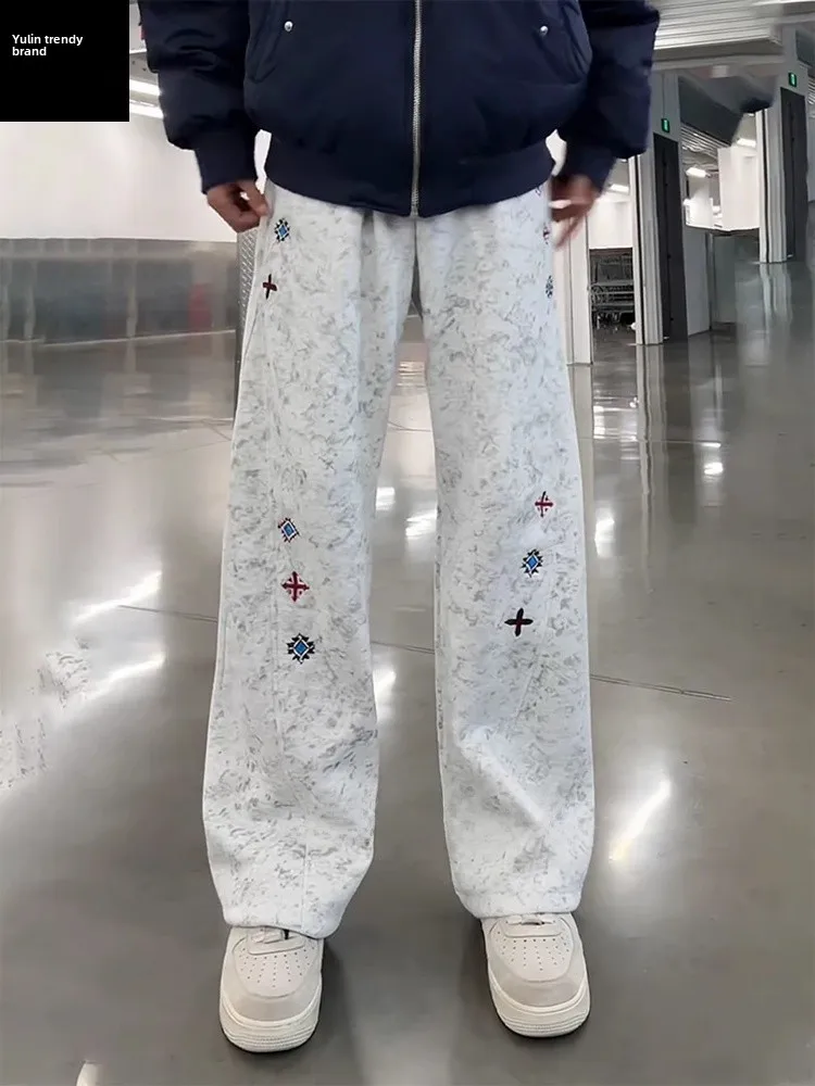 

Men's Winter Fce Lined American Dyed Bend Knife Pants White ey Flared Straight Sport Casual Trousers Low Waist Long Pants