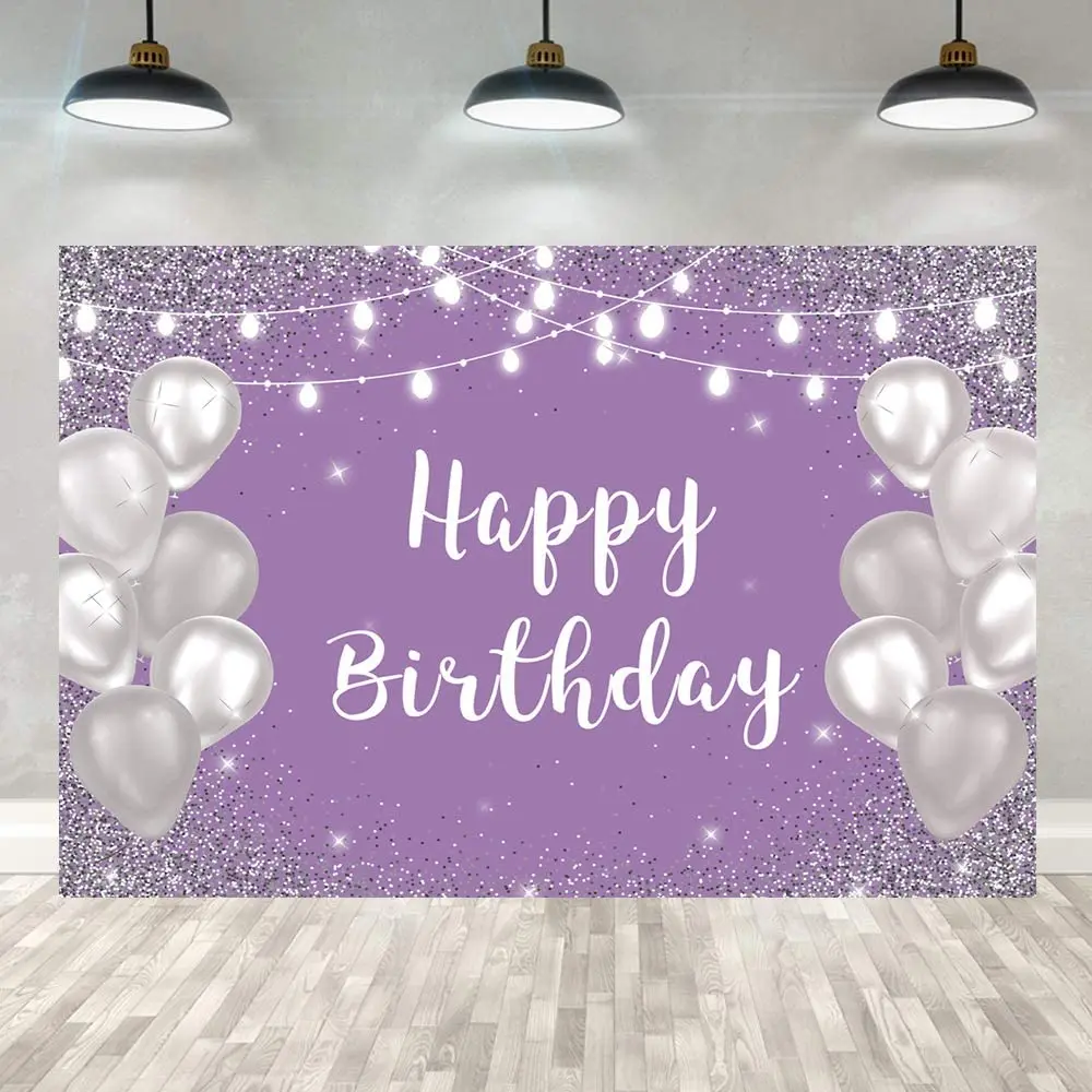 

Photography Backdrop Violet Purple Silver Girls Silver Balloon White Lights Girls 16th 20th 30th Birthday Party Background