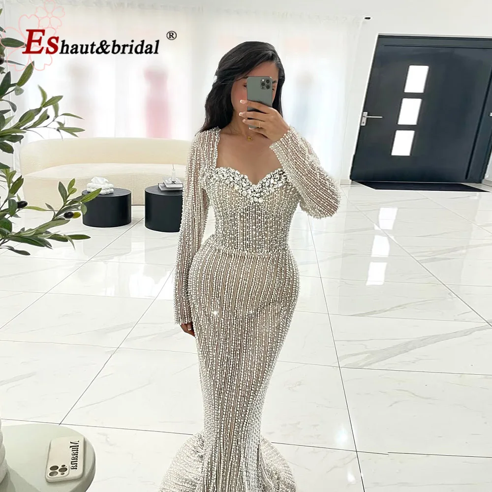 Eshaut & Bridal Kralen Zeemeermin Avondjurk Voor Vrouwen 2026 Elegante O Hals Lange Mouwen Voor Vrouwen Bruiloft Jurk Aangepaste