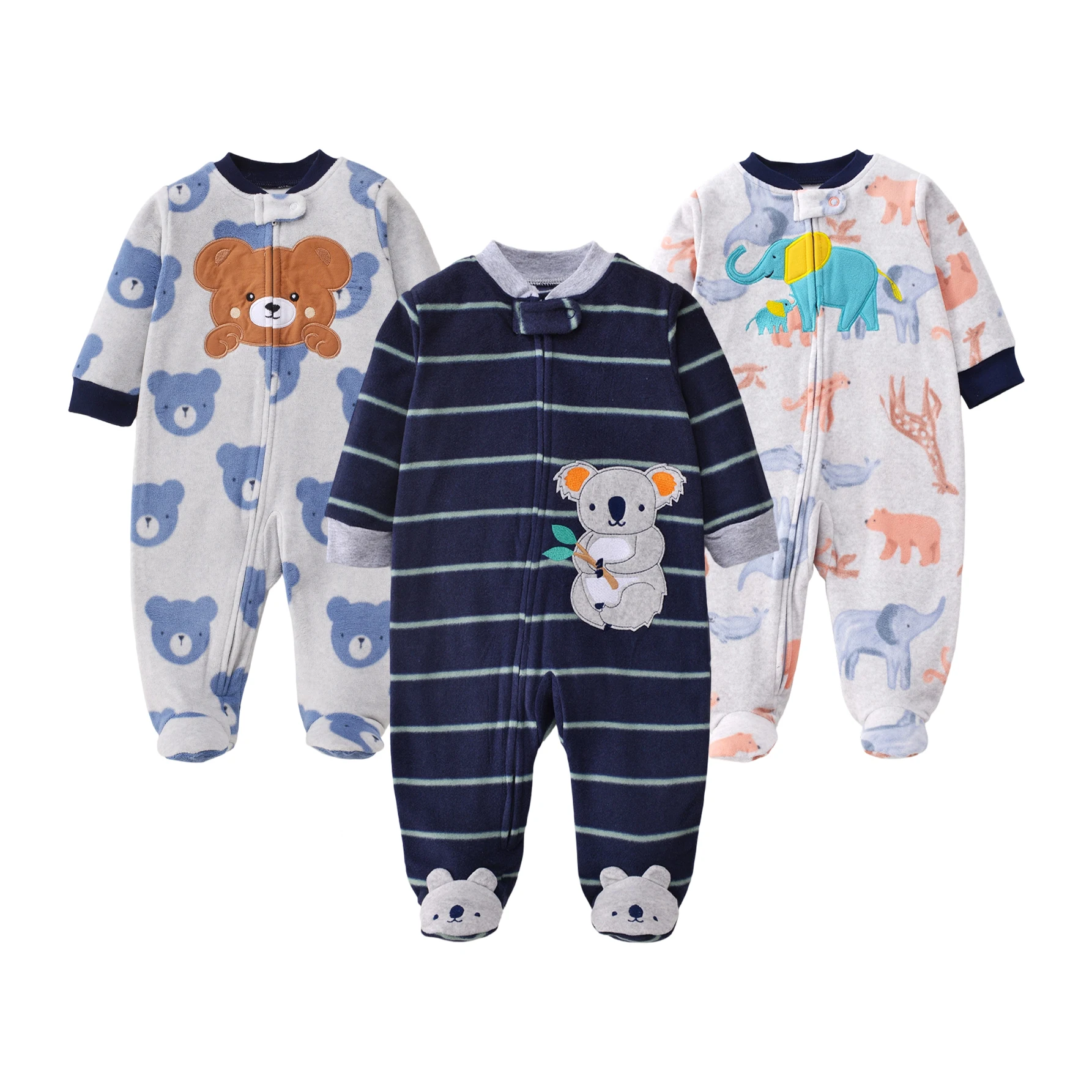 Infant Boys Cute Animal Feet Embroidery Polar Fleece Zip Romper Striped Cartoon Print Embroidery Jumpsuit Warm for Fall Winter