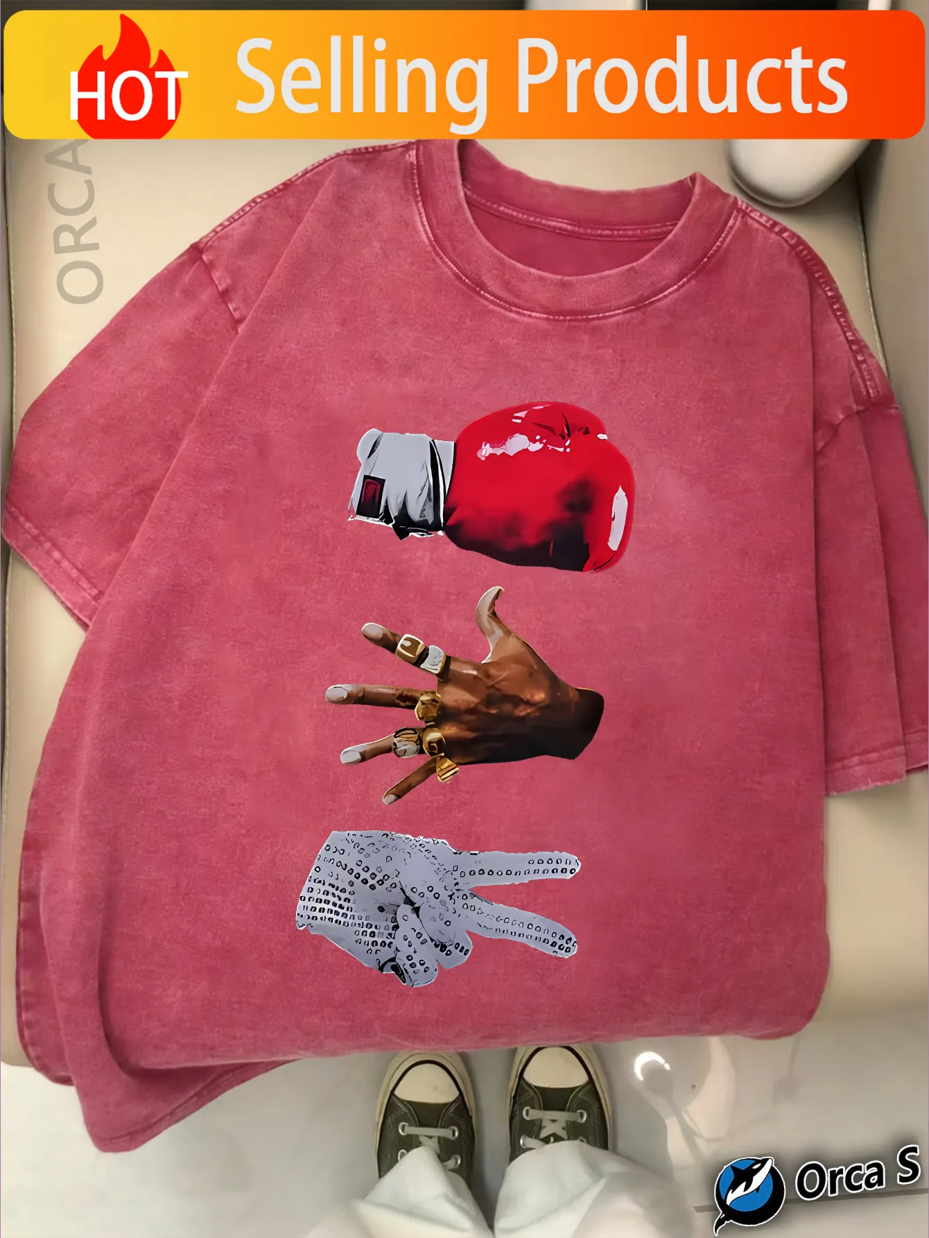 This T-Shirt Features a Red Fist And Golden Ring Design, Made from 100% Washed Fabric Weighing 230G. The Orca S Brand Is Perfect