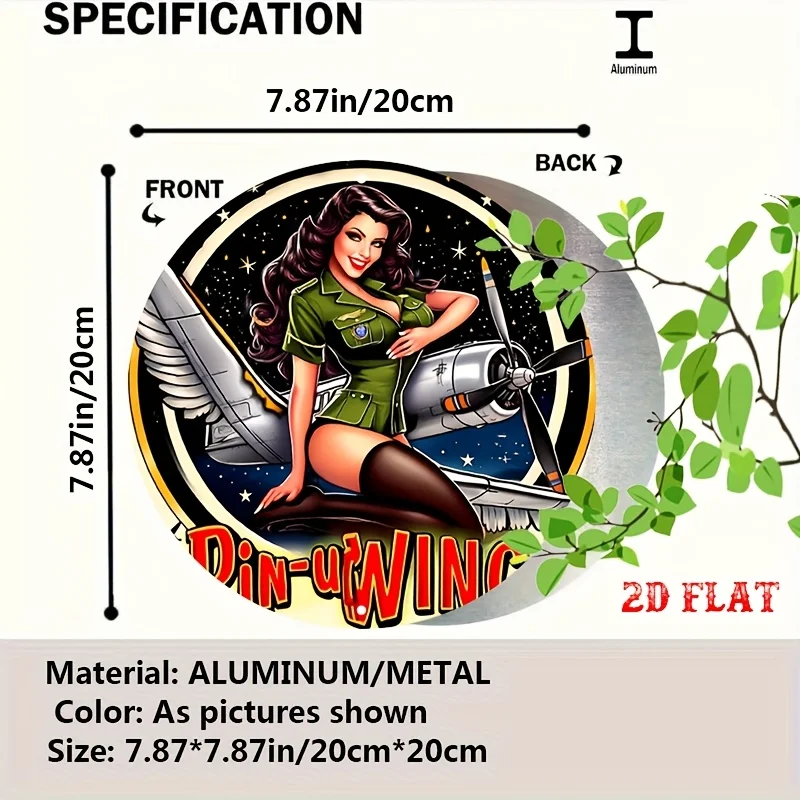 2D Flat 1pc Vintage Metal Sign Pin-up Style Aviation Girl with Vintage WWII Aircraft in a Nostalgic Design Aluminum Round Poster