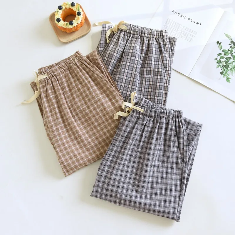 Japanese New Spring And Autumn Men  Washed 100% Cotton Cloth Plaid Trousers Men's Large Size Home Pants Simple Casual Pants