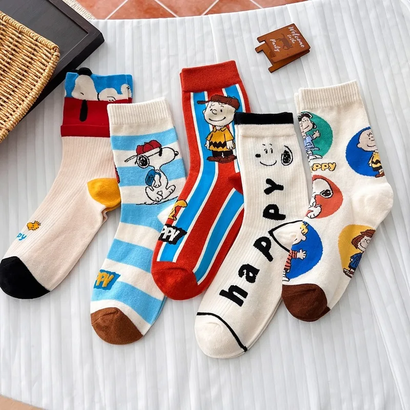 5 Pairs Cute Cartoon Snoopy Ankle Socks Unisex All Season Casual Soft Breathable Mid Calf Cotton Socks For Women Man Daily Wear