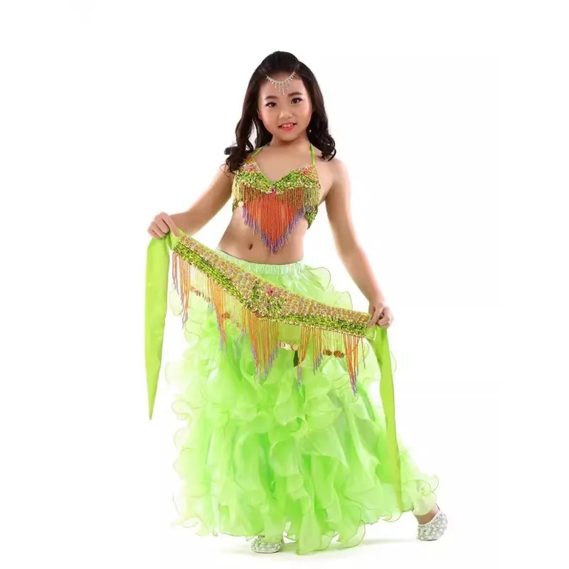 새로운 어린이 벨리댄스 의상 세트 공연 의상 푹신한 스커트 수업복 그룹복 브라 벨트 스커트 3종 세트